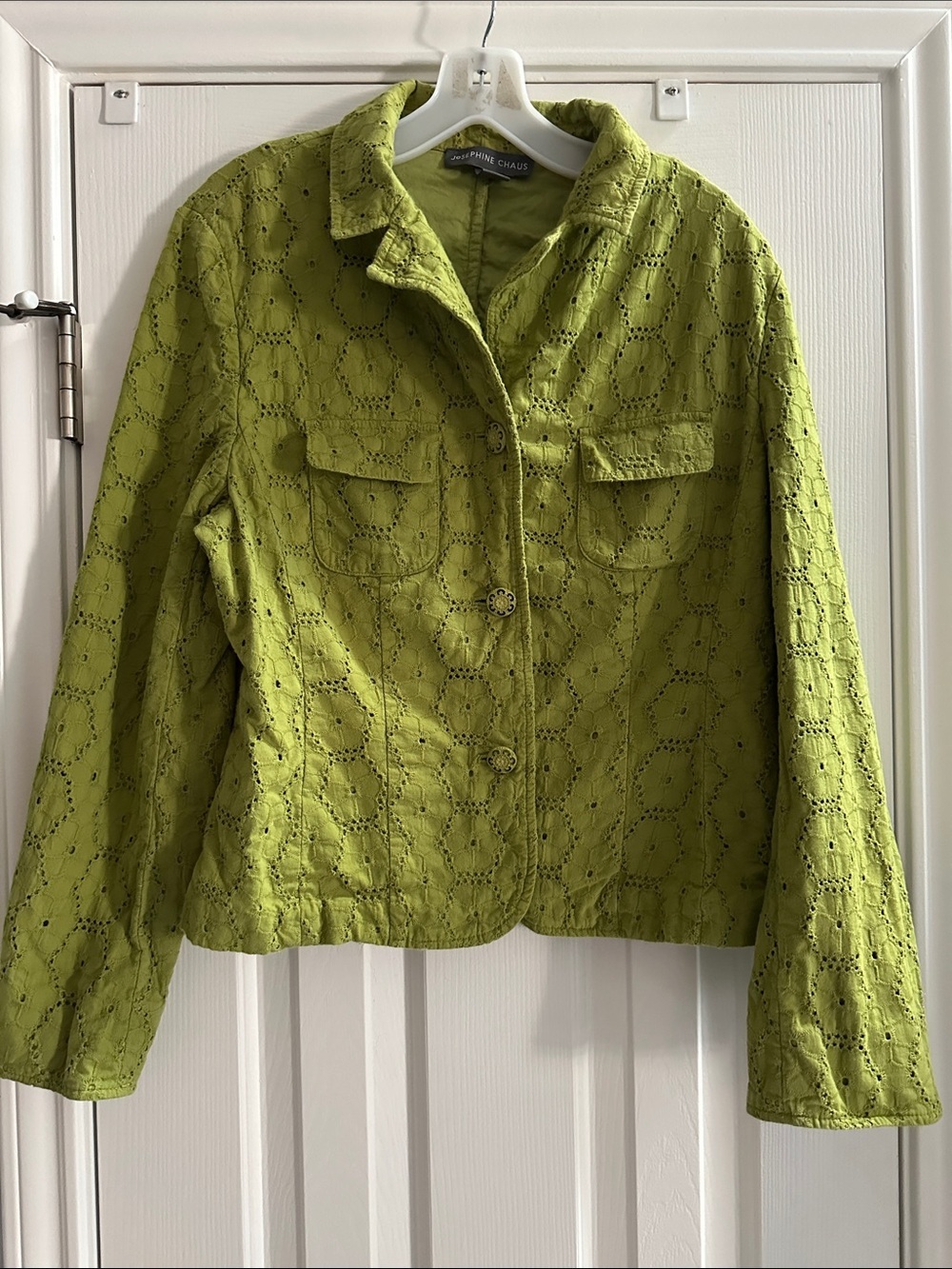 Vintage Josephine Chaus Lime Chartreuse Eyelet Button-Front Jacket 14 Boho Indie